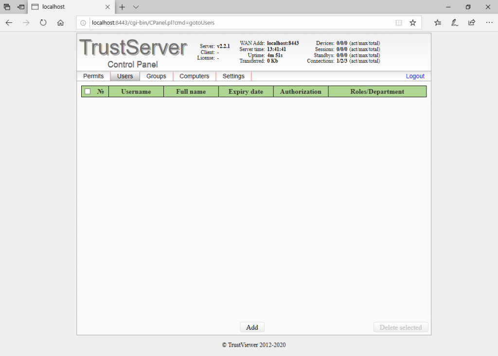 Вкладка "Users" консоли TrustServer-а